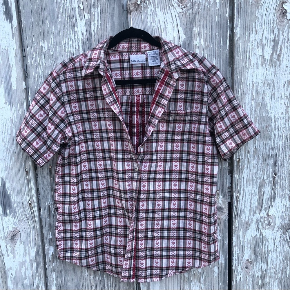 Vintage 90s Bobbie Brooks large cotton patterned plaid hearts button up blouse